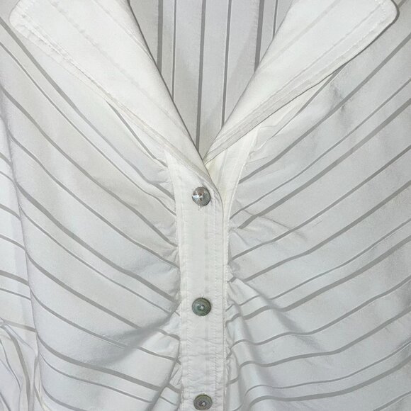 Farinaz Taghavi Ruched Blouse Size 12 White Sheer Stripes Abalone Button Down - Picture 4 of 9